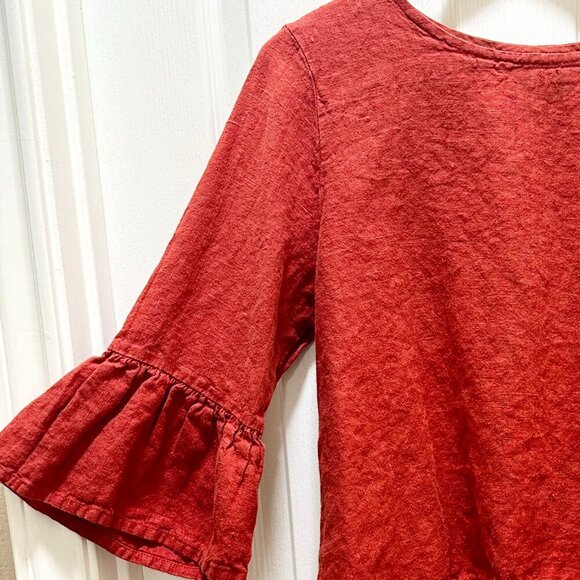 Bryn Walker Women's 100% Linen Tunic Top  Size S Red Ruffle Sleeves Hi Low Boho - Picture 3 of 13